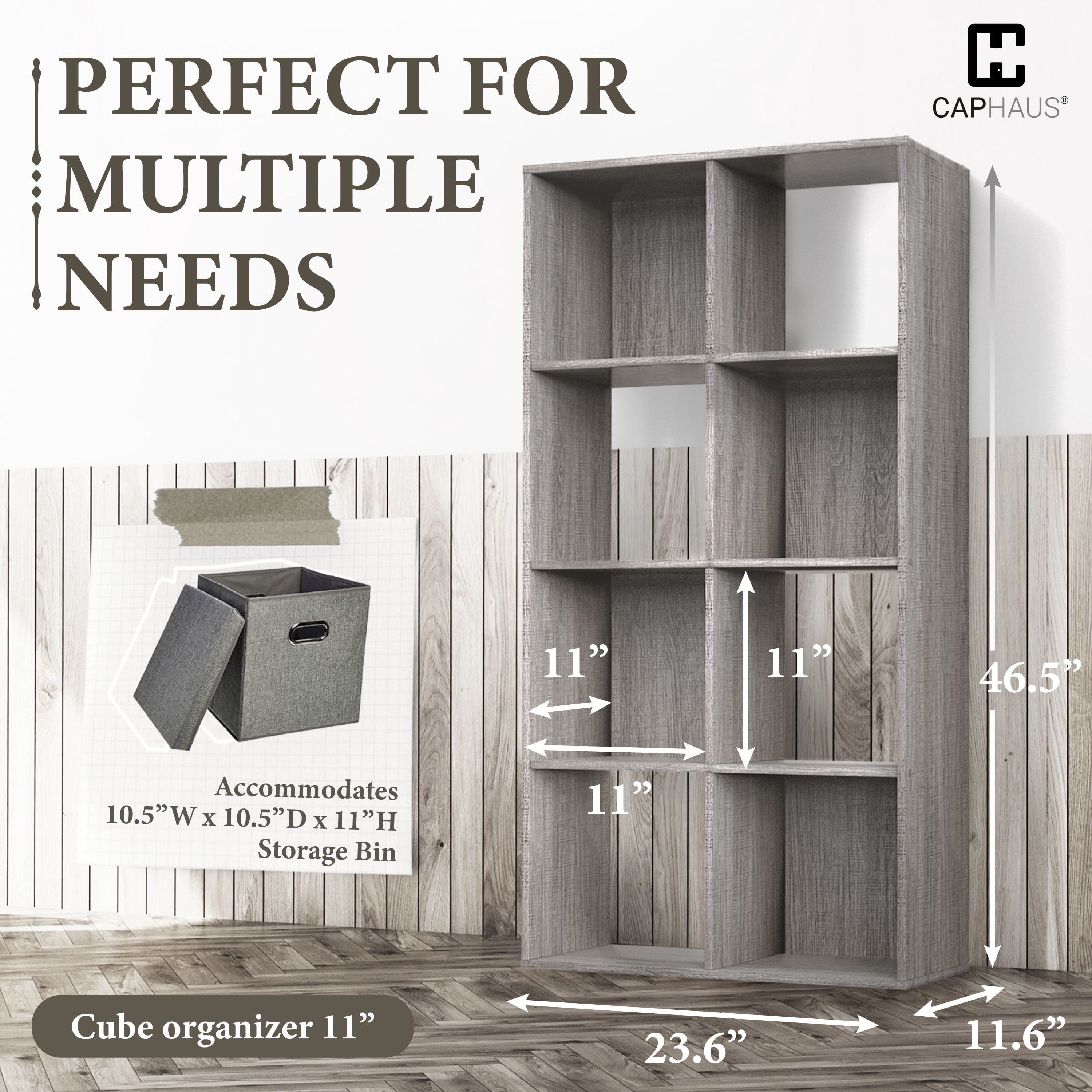 CAPHAUS Sturdy Room 11-Inch Cube Storage Organizer Shelf, with Thick Exterior Edge, Storage Shelf Divider w/ Back, Bookcase, 8-Cube, Greige Oak