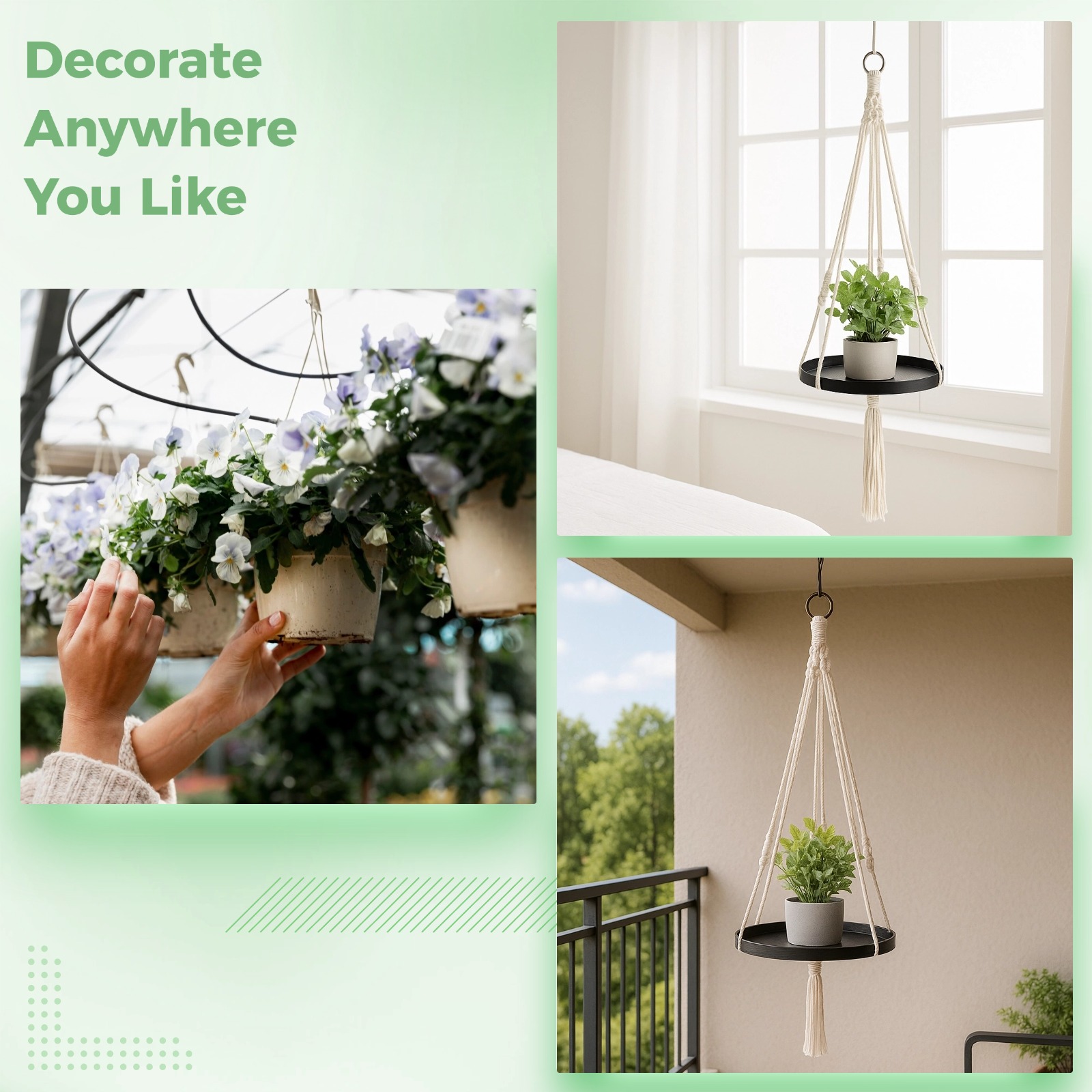2Pcs Hanging Plant Holders, Macrame Plant Hangers with Wood Tray, Cotton Hanging Planter Shelves, Plant Display Holders for Living Room, Bedroom, Kitchen