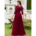 thumbnail image 2 of Elegant Red Floral Lace Chiffon Maxi Dress With 3/4 Sleeves And Pleated Hem, Formal Gown For Wedding Guest Or Cocktail Party, 2 of 8