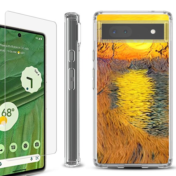 Shockproof Bumper Phone Case for Google Pixel 6a, with Tempered Glass Screen Protector, by OneToughShield ® - Sunset