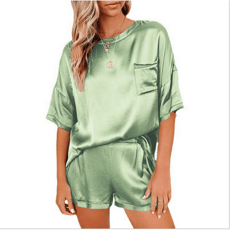

2021 European And American Spring New Pure Color Silk-Like Pajamas Home Wear Short Sleeve Shorts Irregular Two-Piece Suit