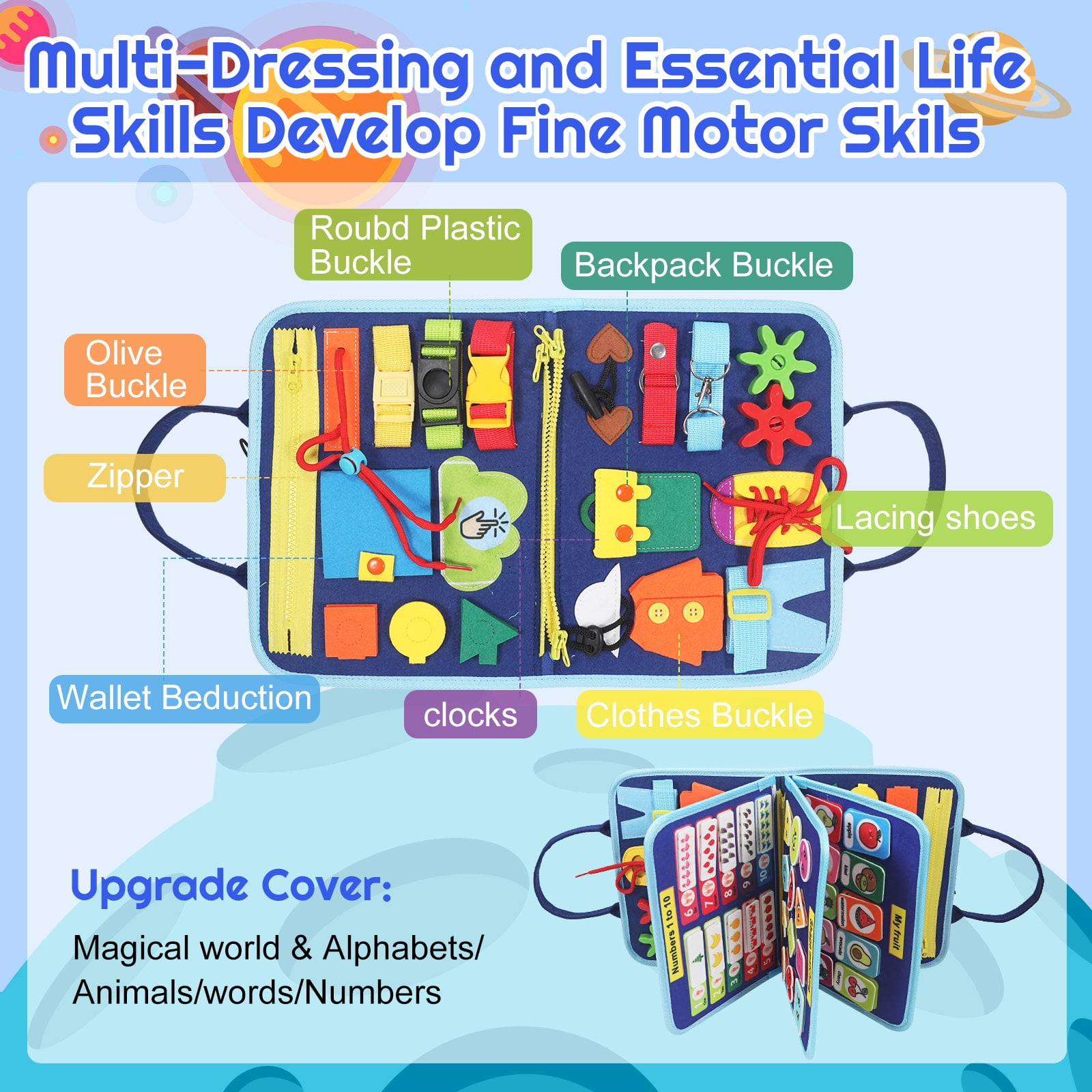 Montessori Busy Board - Ideal Busy Book Toddler Toys & Gifts for Boys & Girls, Toddler Travel Essential for Airplane & Car, Sensory Toys, Great for Baby Gifts for Boys