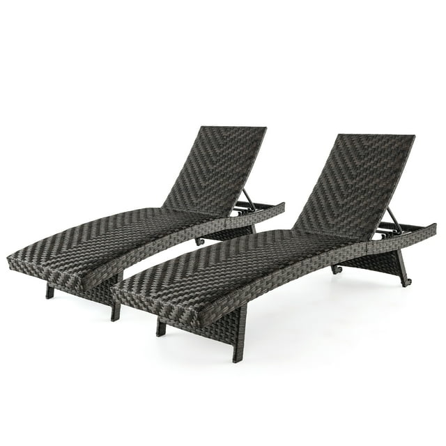 Gymax Lot de 2 Chaises Longues Pliantes en Rotin, Fauteuil Inclinable Réglable, Mousse à Séchage Rapide, Résistant aux Intempéries, Brun Mélangé