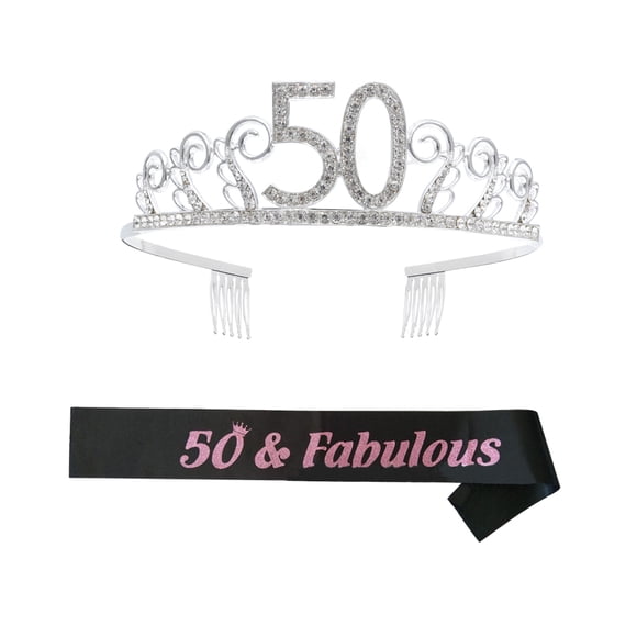 CIMAXIC Birthday 1 Set Number 50 Rhinestone Crown Hair Comb and Letter Printing Sash Decoration Headress Tiara Head Accessory Birthday Decoration Etiquette Belt,61.42"X3.74"X0.04"