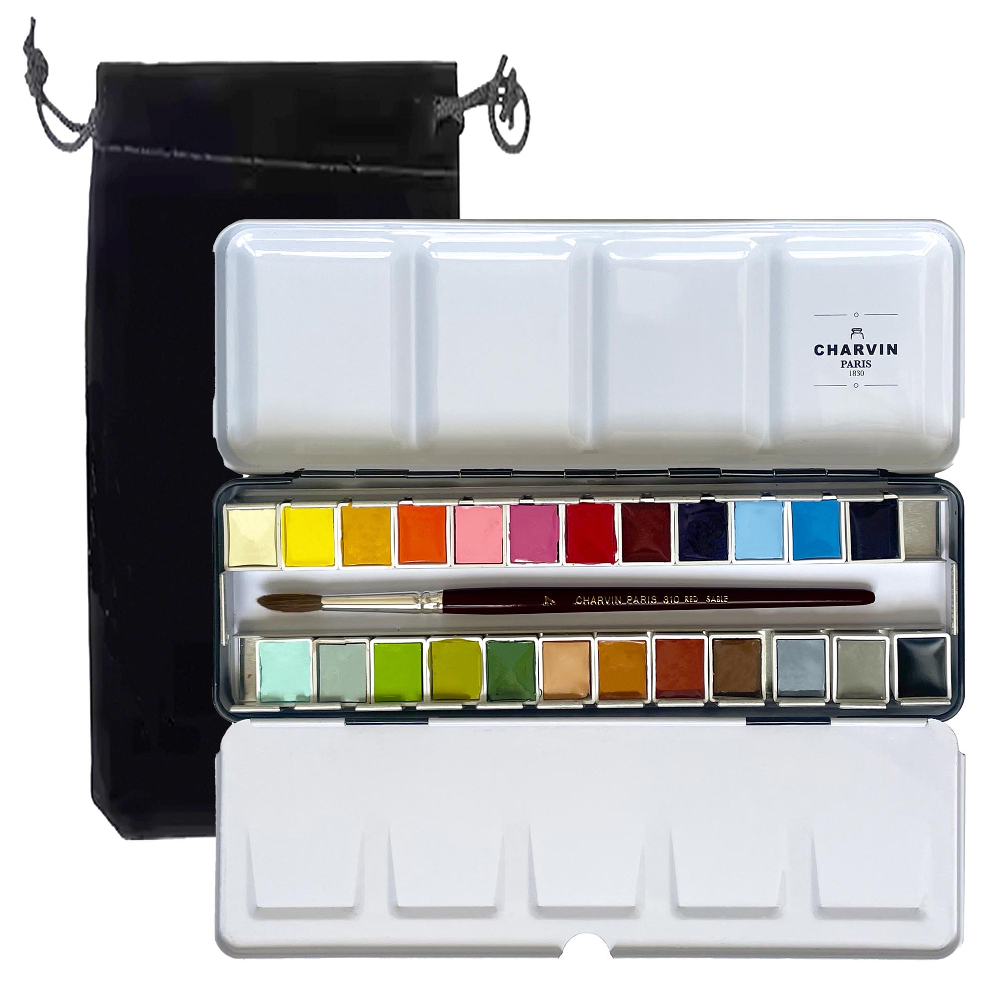 Charvin Extra-Fine Professional Watercolor Paint Set -  Watercolor Half Pan Set of 24, Made in France, Smooth Shellac-Like Finish, Transparent Pigments, Ideal for Layering & Mixed Media