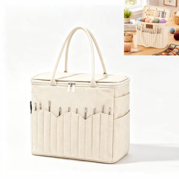 Canvas Yarn Storage Bag, Large Knitting Bag with Needle Pockets and Yarn Holes, Crochet Bag Organizer Tote with Handle, Needles and Craft Supplies