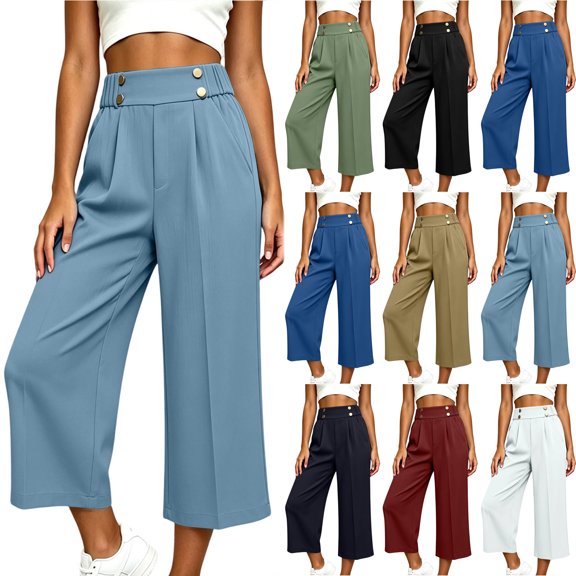 Bloomae Capri Pants for Women Wide Leg High Waisted Pleated Dress Pants Business Casual Capris Work Office Cropped Slacks Trousers with Pockets