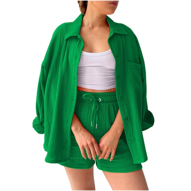HUJlwoi Womens Sets 2 Piece Outfits Pleated Button down Shirt with Shorts Set Fall Fashion Matching Lounge Set Clothing