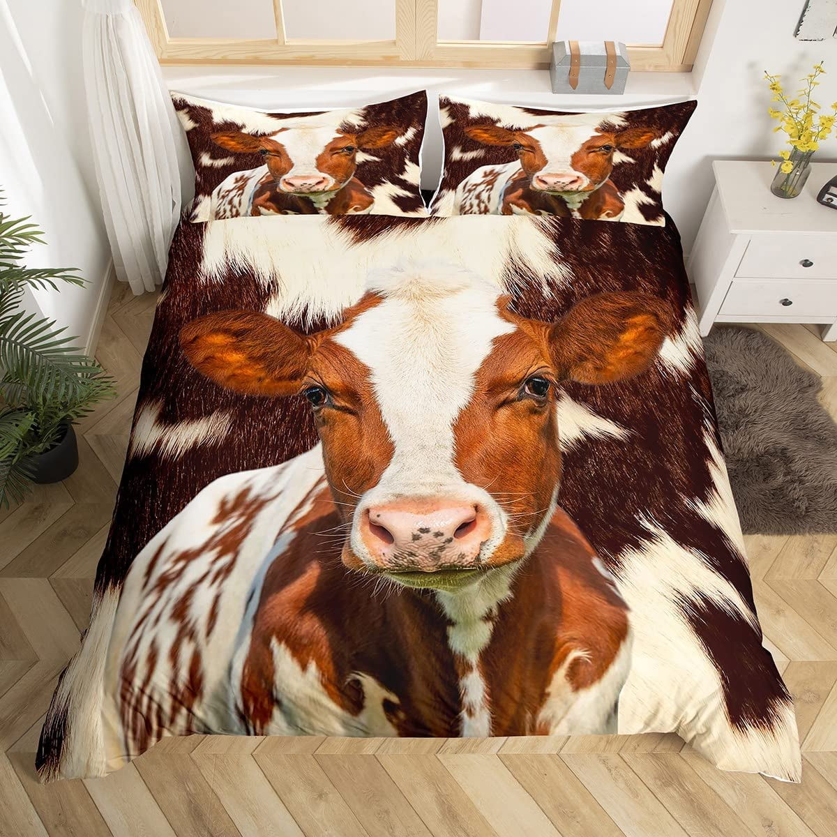 Cow Print Bedding Set for Boys Girls Cowhide Leather Hair Comforter Cover Set Women Men Natural Fluffy Cow Skin Duvet Cover Bedroom Rustic Farm Animal Decor Bedspread Cover Twin Size Bed Set
