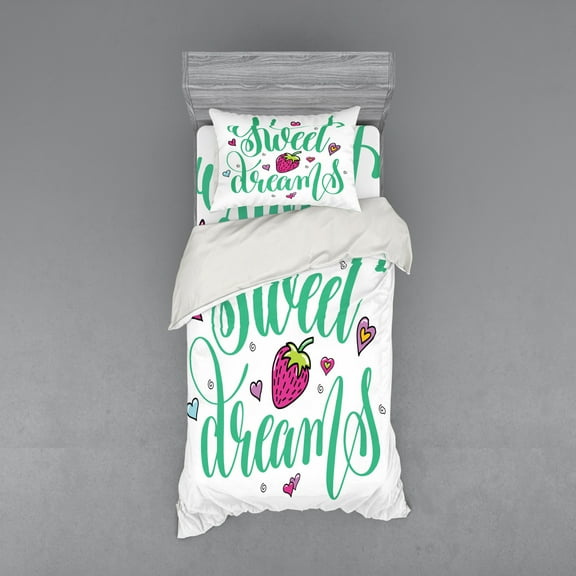 Ambesonne Saying Bedding Set 3 Pcs, Hearts Strawberry, Twin, Multicolor