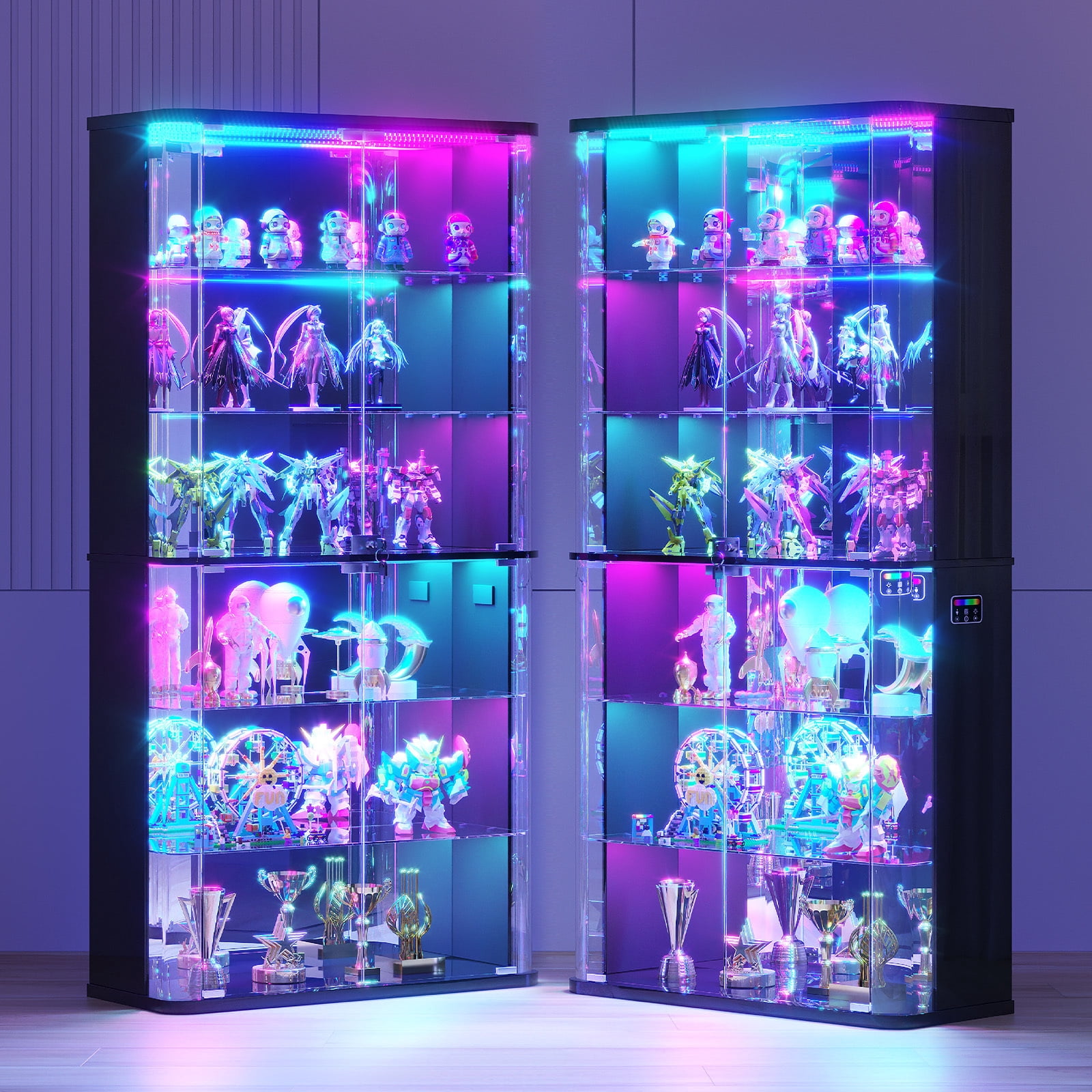 VKCC Display Cabinet with Glass Door and RGB, Lockable Curio Cabinet with Tempered Glass & Curved Acrylic Side, Bookshelf for Living Room, Black