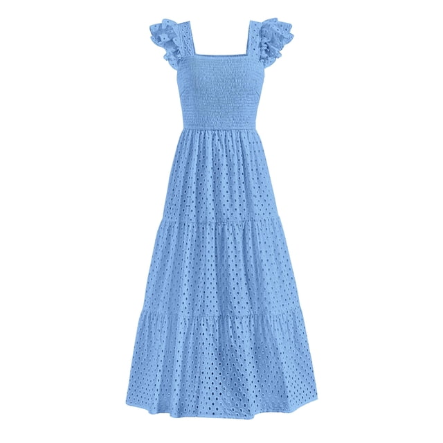Vestido largo PRETTYGARDEN para mujer, cuello cuadrado, verano, azul claro