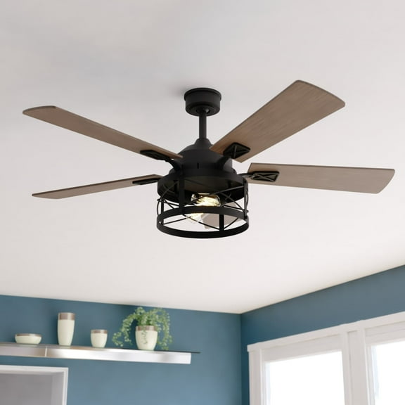 Elburn Black Farmhouse Ceiling Fan with Caged Drum LED Light Kit and Remote