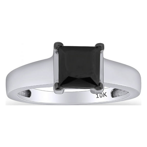 AFFY Princess Cut Black Natural Diamond Solitaire Ring in 10k White Gold