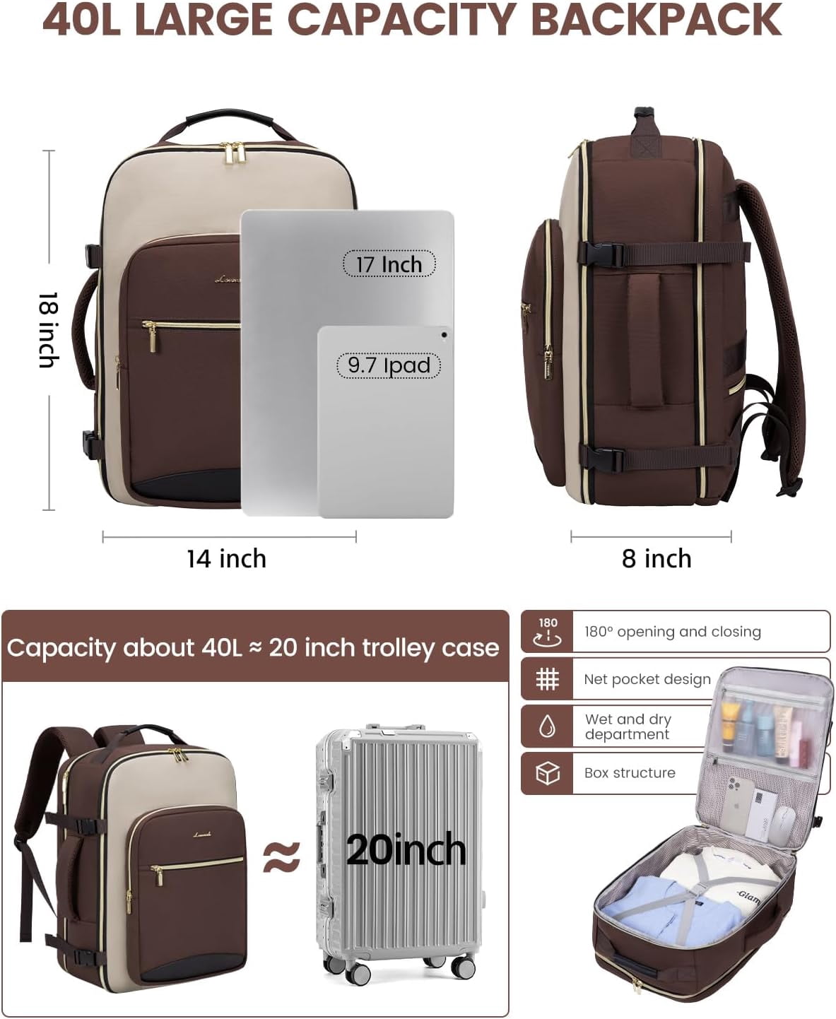 LOVEVOOK Large Travel Backpack for Women & Men, 40L Carry on Backpack for Airplanes, TSA Personal Item Travel Bag fits 17" Laptop, Waterproof Travel Essentials Airline Approved with 3 Packing Cubes