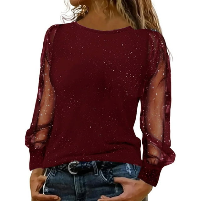 NINGMENG Womens Tops Solid Color Sequins Round Neck Mesh Long Sleeve Tops Pullover T-shirts Sportwear,Red,XXXXL