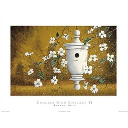 English Bird Cottage - English Bird Cottage II by Robert Duff 24x18 Art Print Poster White Bird Home Hanging from the Right with White Stem Flowers