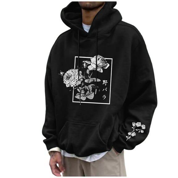 Men's Floral Print Casual Graphic Hoodies Drawstring Long Sleeve Pullover Sweatshirt