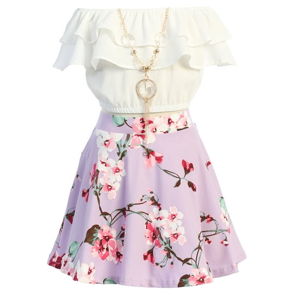 Big Girls' Off Shoulder Ruffle Crop Top Skirt Party Summer Clothing Set Outfit Lilac 12 (J21KS30S)