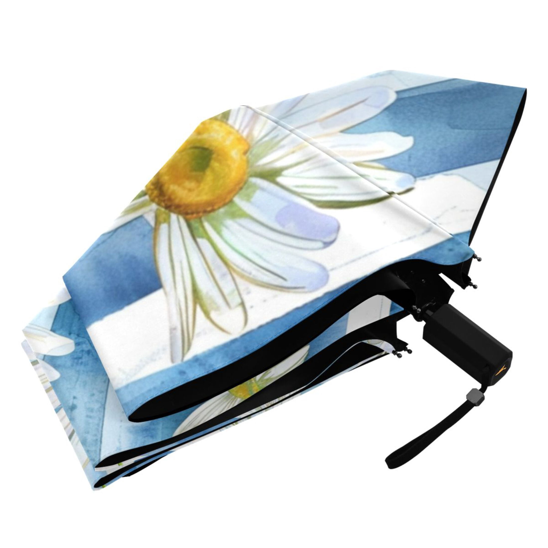 Daisy Flower on Blue White Stripes Compact Sun Umbrella Windproof Travel Umbrellas for Rain Strong Portable UV Protection