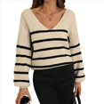 thumbnail image 3 of Suéteres Casuales de Otoño para Mujer, Suéter de Punto Informal A Rayas con Cuello en V, Larga y Espalda Descubierta Albaricoque y Negro M, 3 of 9