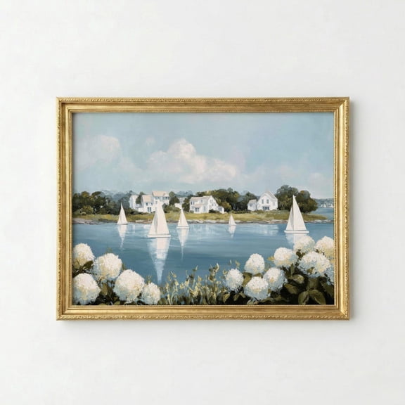 Sailboats and Hydrangeas Coastal Shoreline Nautical Summer Decor Hamptons Style Beach House Wall Art Print