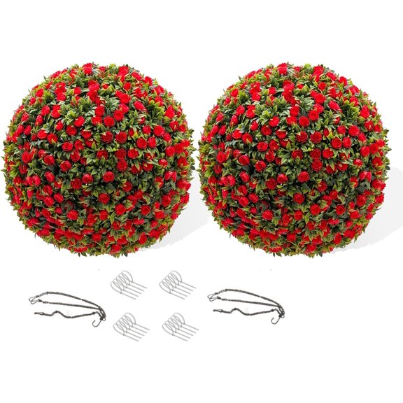 Luku Artificial Topiary Balls - 2PCS Flower Decorative Balls for Indoor & Outdoor, Red 15in