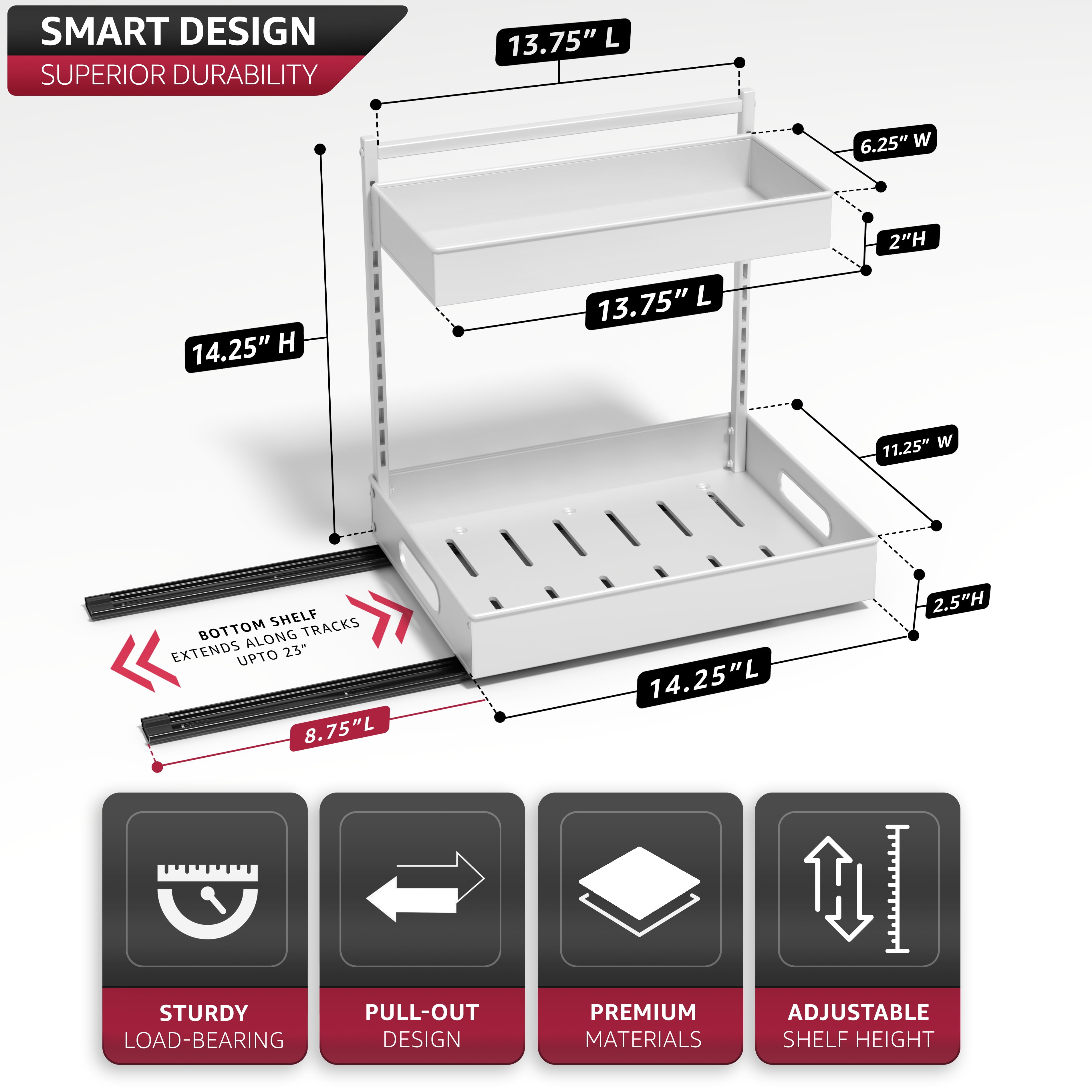 Sorbus 2-Tier Under Sink Organizer with Sliding Drawers, No-Drill Storage Rack (White)