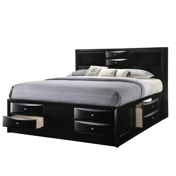King Size Bed With Bookcase Headboard And Side Storage In Black Wood Finish Bedroom Platform Drawers