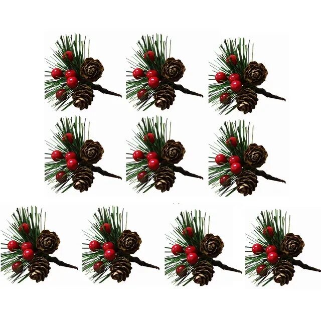 Rama de bayas rojas artificiales de Navidad, copo de nieve, pino, aguja, cono, ramas para Navidad, corona de bricolaje, suministros de decoración de Noel, 10 piezas