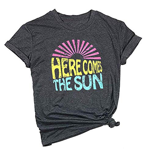 UNIQUEONE Here Comes The Sun Shirt for Women Cute Sunshine Graphic Tee Funny Letter Print Tee T Shirt