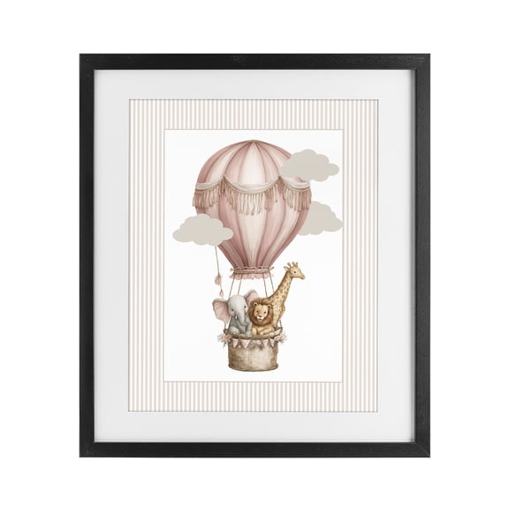 Stupell Industries Cottage Hot Air Balloon Animals Pink Black Framed Print Under Glass, 13 x 16, by Christine Simpson Art