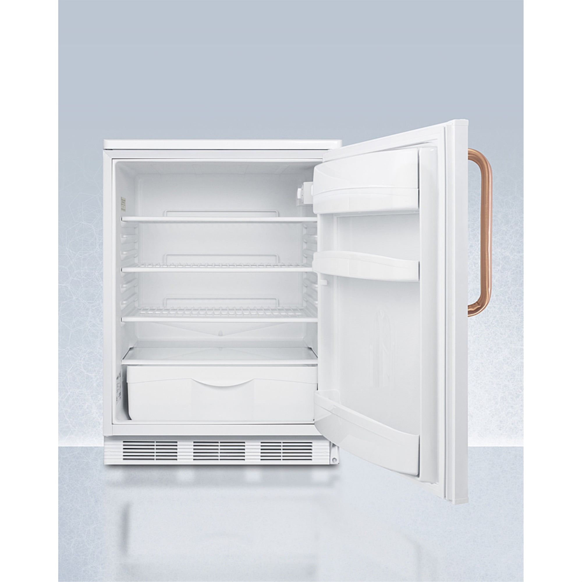 24" wide auto defrost all-refrigerator with lock, digital thermostat, internal fan, door storage, and copper handle
