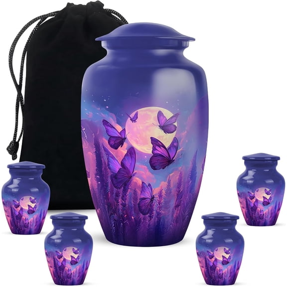 Purple Butterfly Urn for Ashes Adult Male - Memorial Larges for Ashes Urns for Women - Funeral Urns Adult Ash Man - Urn Human Ash Male - Size 10 Inch & 3inch Pack of 5