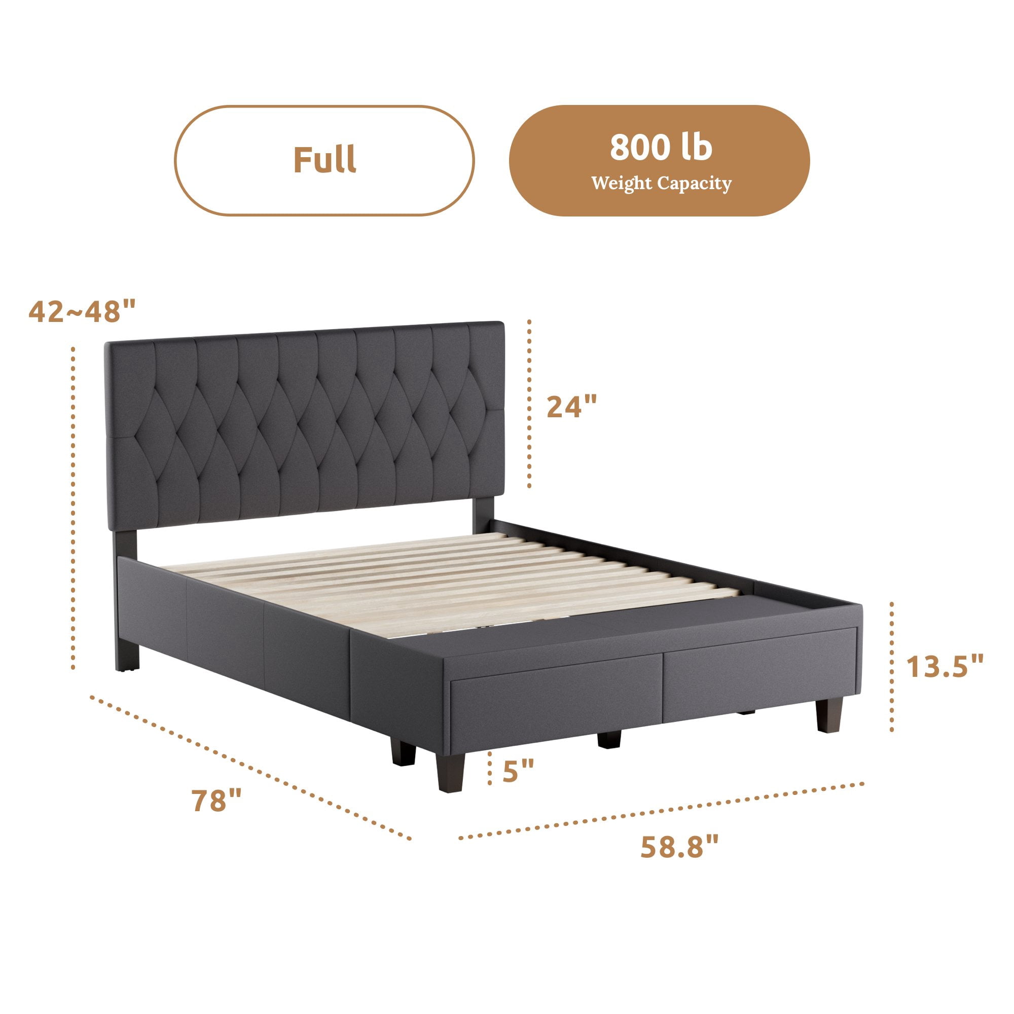 Rest Haven Jasper Upholstered Platform Bed with Drawers, Full, Charcoal