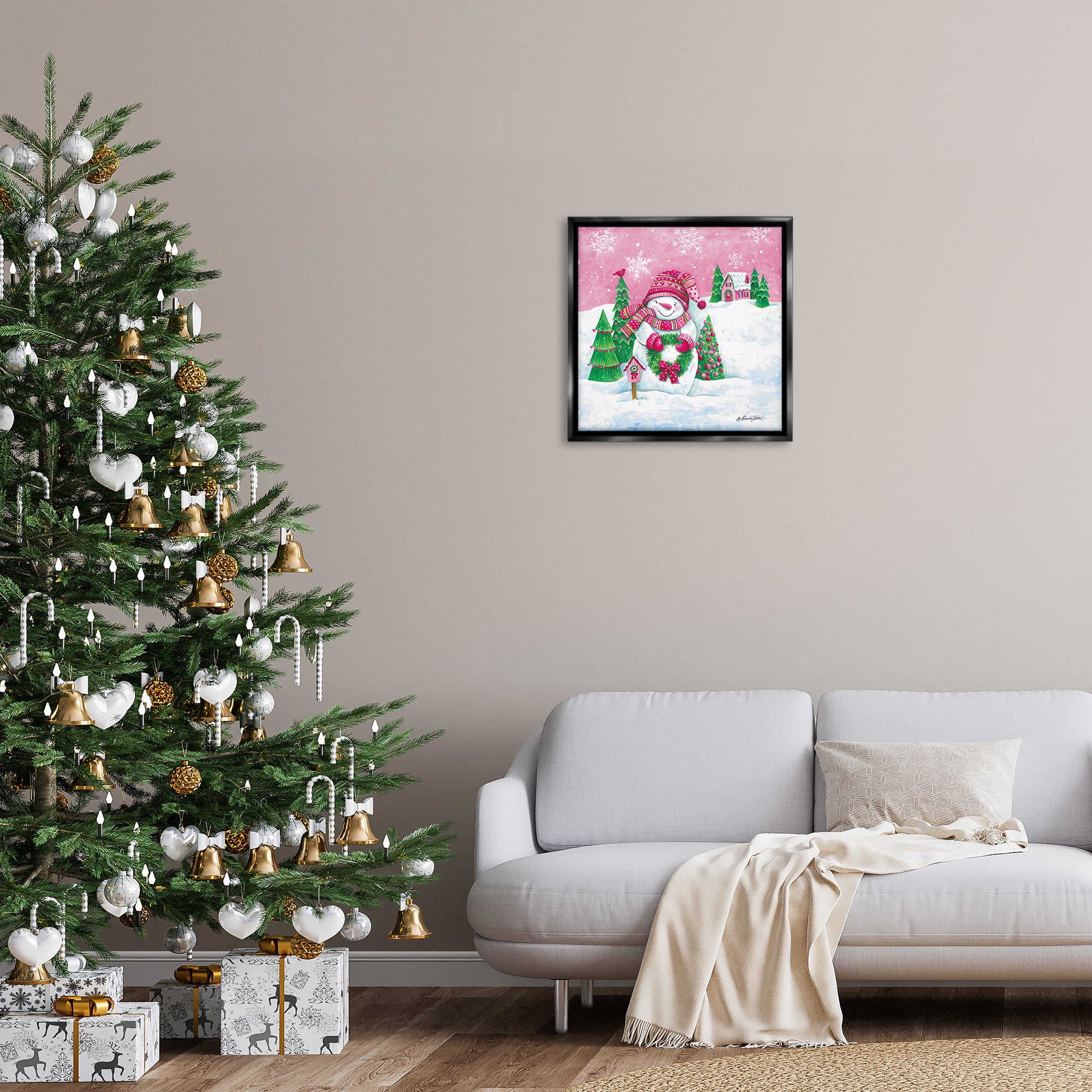 Stupell Industries Scenic Winter Snowman Holiday Painting Black Floater Framed Canvas Art Print Wall Art, 25 x 25
