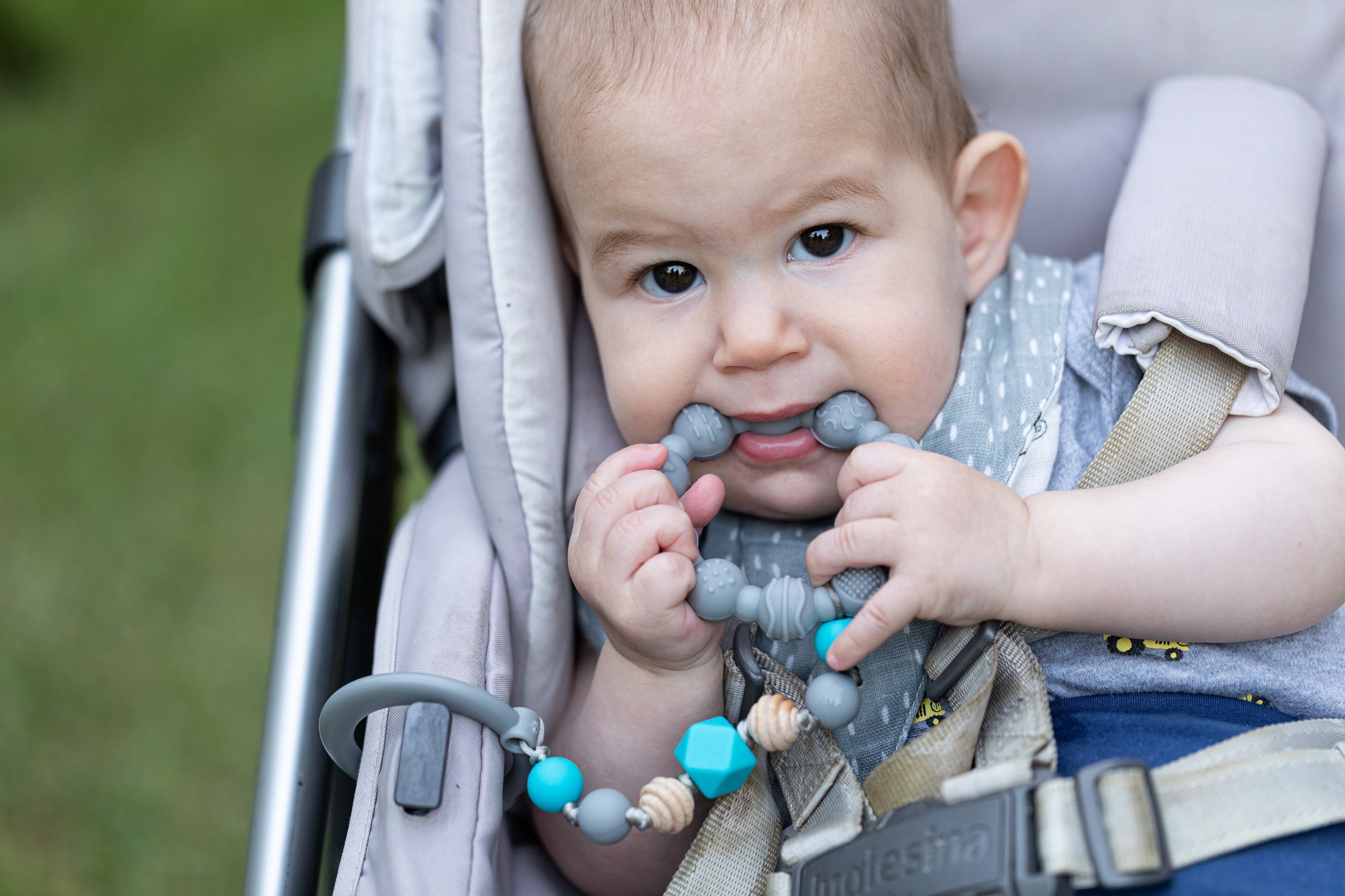 Nuby Tag-a-Long Silicone Infant Teether Toy with Ring, Beaded String, and Clip, Gray Baby Teether