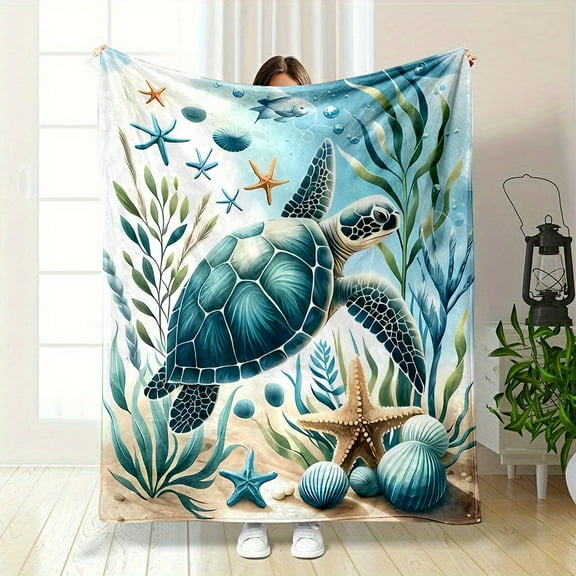 Reversible Ocean-Themed Flannel Throw Blanket with Swimming Turtle, Fish & Coral Reef Design – Soft, Cozy, and Machine Washable – Perfect for Bed, Sofa, Travel, or Gift