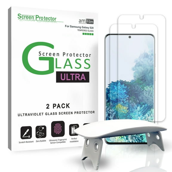 Galaxy S20 Screen Protector (2 Pack), amFilm Full Cover (Fingerprint Scanner Compatible) Ultra Tempered Glass Film with UV Gel Application for Samsung Galaxy S20 (2020)