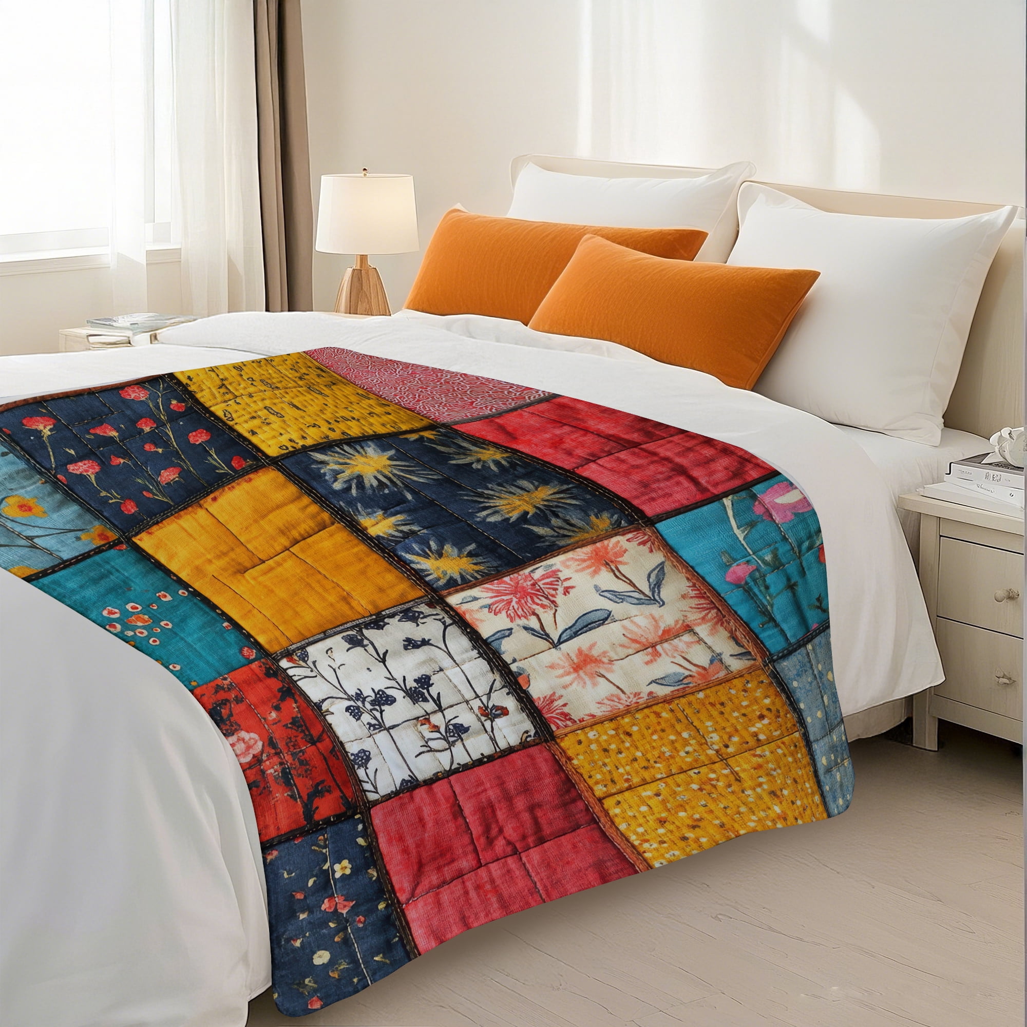 Sherpa Fleece Twin Blanket 60"x80" Reversible Plush Fluffy Blanket, Double-Layer Super Soft Flannel Blanket for Sofa, Couch, Bed, Patchwork Floral Pattern