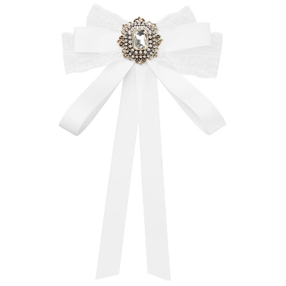 INSPIRE CHIC Women's Long Webbing with Lace Trim Rhinestone Bow Brooch White One Size