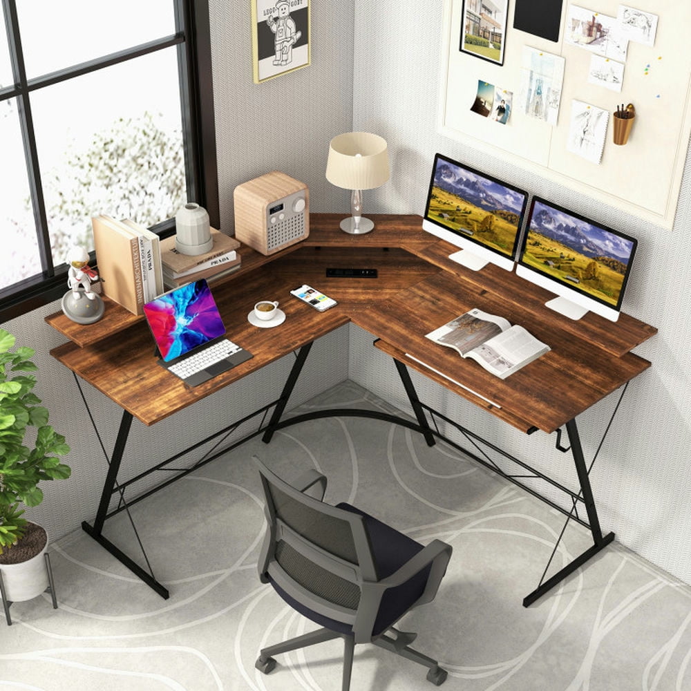 Demi Bonn L-shaped Computer Desk with Power Outlet and Monitor Stand, Small Home Office Desk Study Writing Table, Brown