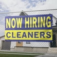 thumbnail image 2 of Now Hiring Cleaners 13 oz Heavy Duty Vinyl Banner Cleaning Jobs Available Housekeeper Help Wanted Sign for Business Advertising Indoor/Outdoor Single-Sided with Metal Grommets (4x10 ft, Bl & Ye), 2 of 6