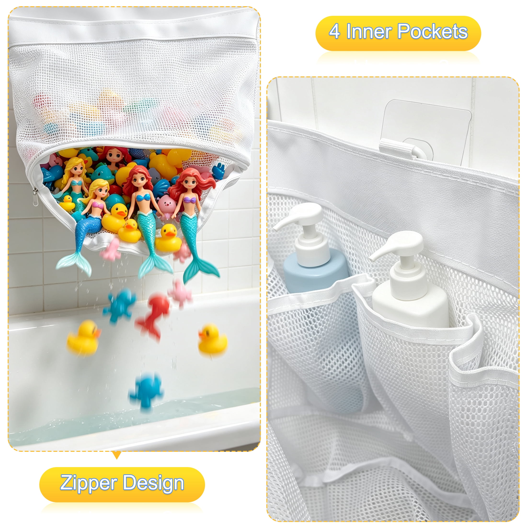 Corner Mesh Bath Toy Storage Caddy with Adhesive Hooks, Quick Dry Hanging Bathtub Toy Organizer Basket, Space Saving Triangle Shower Toy Holder for Kids
