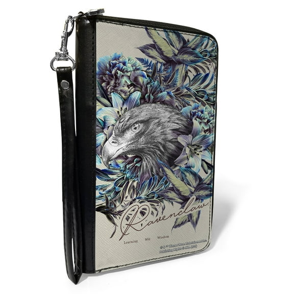 The Wizarding World of Harry Potter Wallet, Zip Around, Harry Potter Ravenclaw Floral Eagle Sketch Grays Blues, Vegan Leather