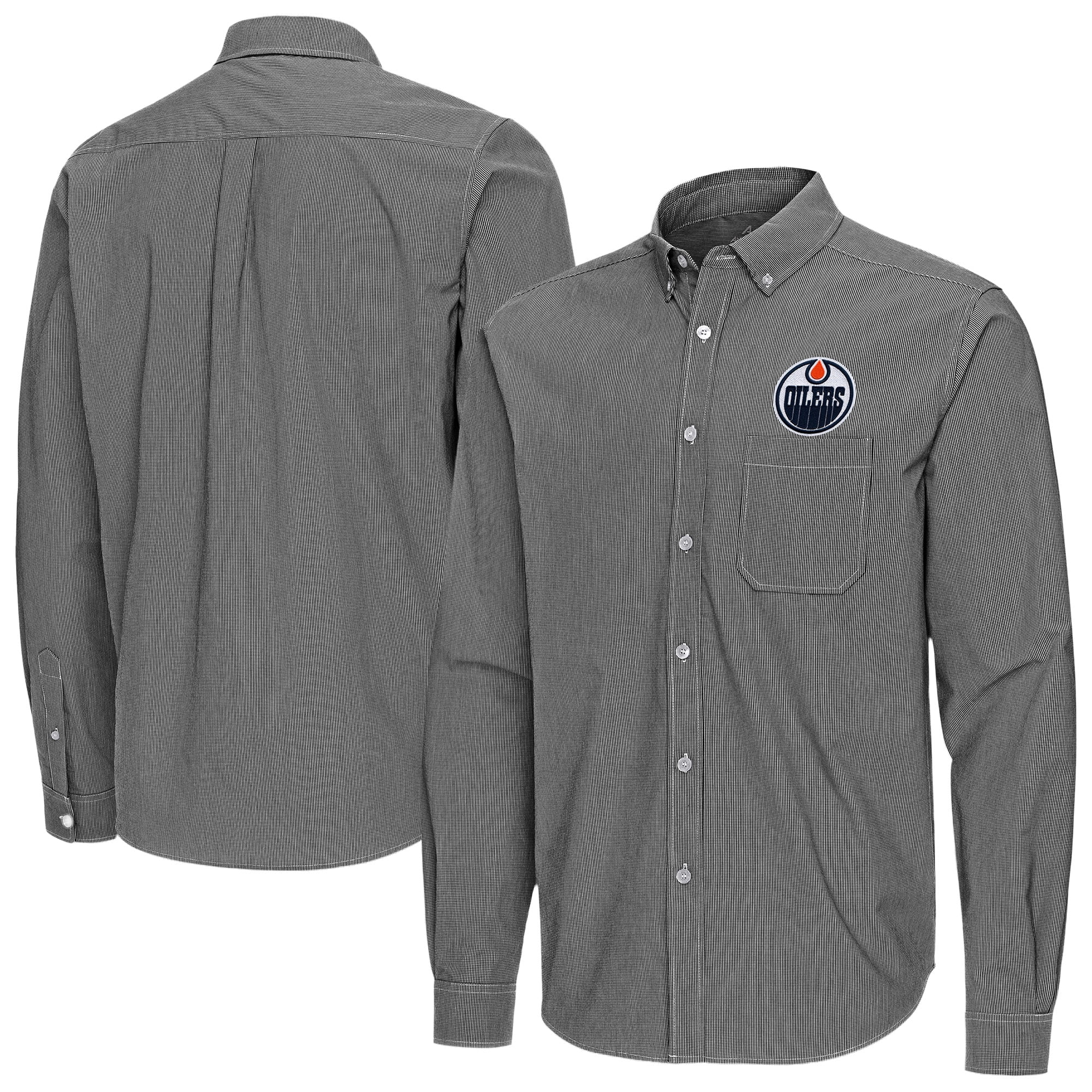 Men's Antigua Black Edmonton Oilers Porter Woven Tri-Blend Long Sleeve Button-Down Shirt