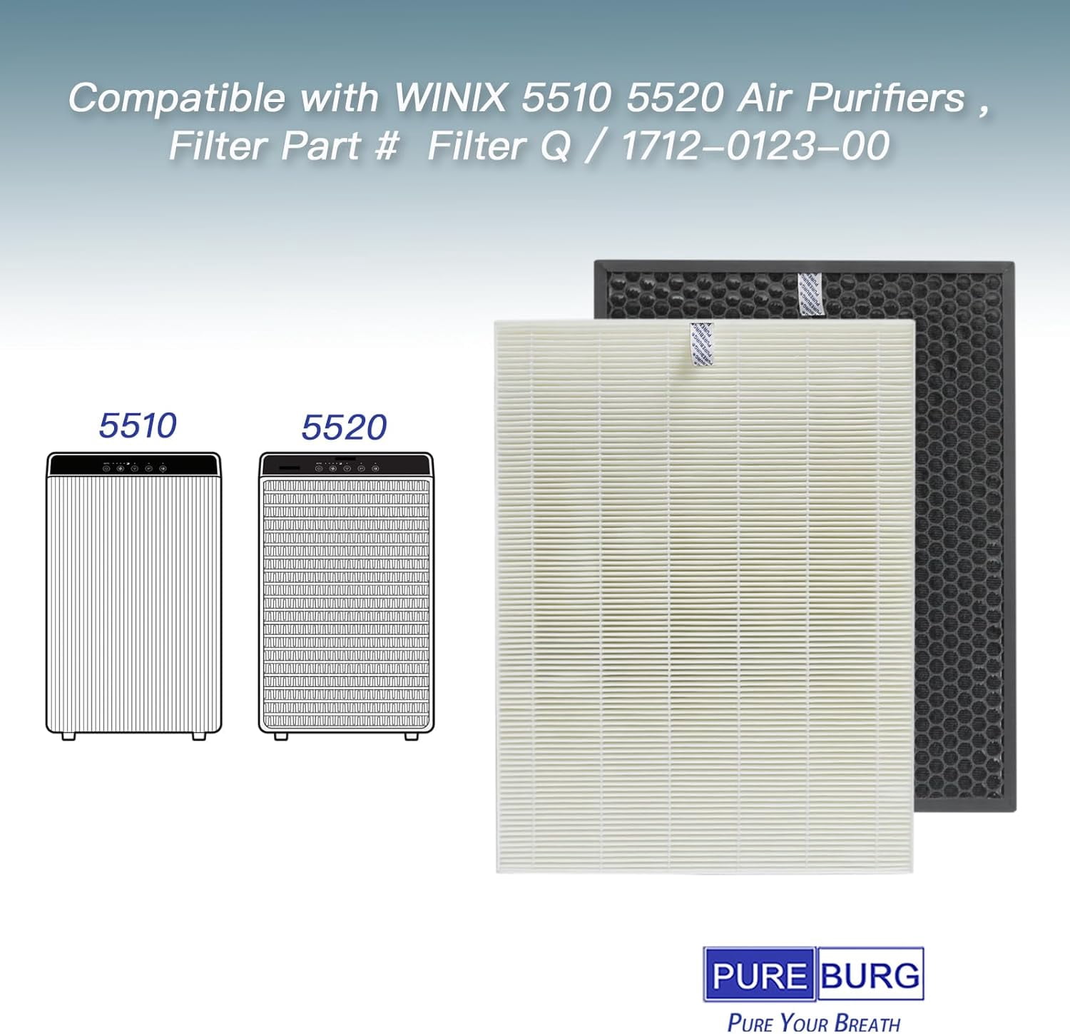 PUREBURG Replacement Filter Compatible with WINIX 5510 5520 Air Purifiers, 2-Pack H13 True HEPA  Advanced Carbon Filter) Filter Q /1712-0123-00, For Air Clean Dust VOCs Odor Remove