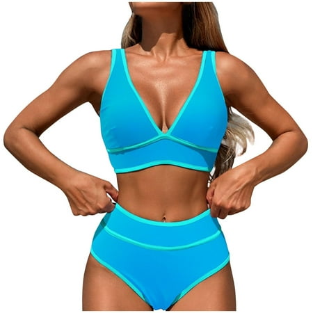 Hfyihgf High Waisted Bikini Sets for Women V Neck Color Block Two Piece Swimsuits Cheeky Push Up Bathing Suit(Sky Blue S)