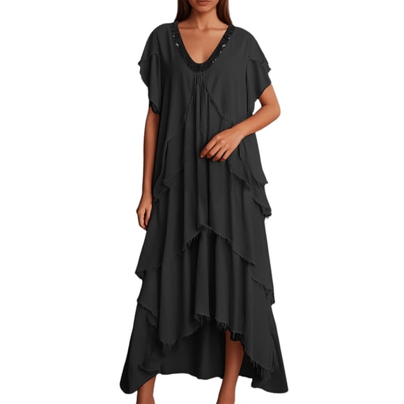 Wdgfv Womens Tiered Midi Wedding Guest, Mother of The Bride Dress with Bead Embellishment