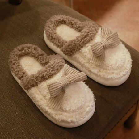 

CoCopeanut Simple Solid Color Bow Design Women Slippers Warm Plush Home Shoes Platform Soft Fluffy Couple Cotton Indoor Cartoon Slippers